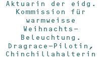 Aktuarin der eidg. Kommission für warmweisse Weihnachts-Beleuchtung. Dragrace-Pilotin, Chinchillahalterin 